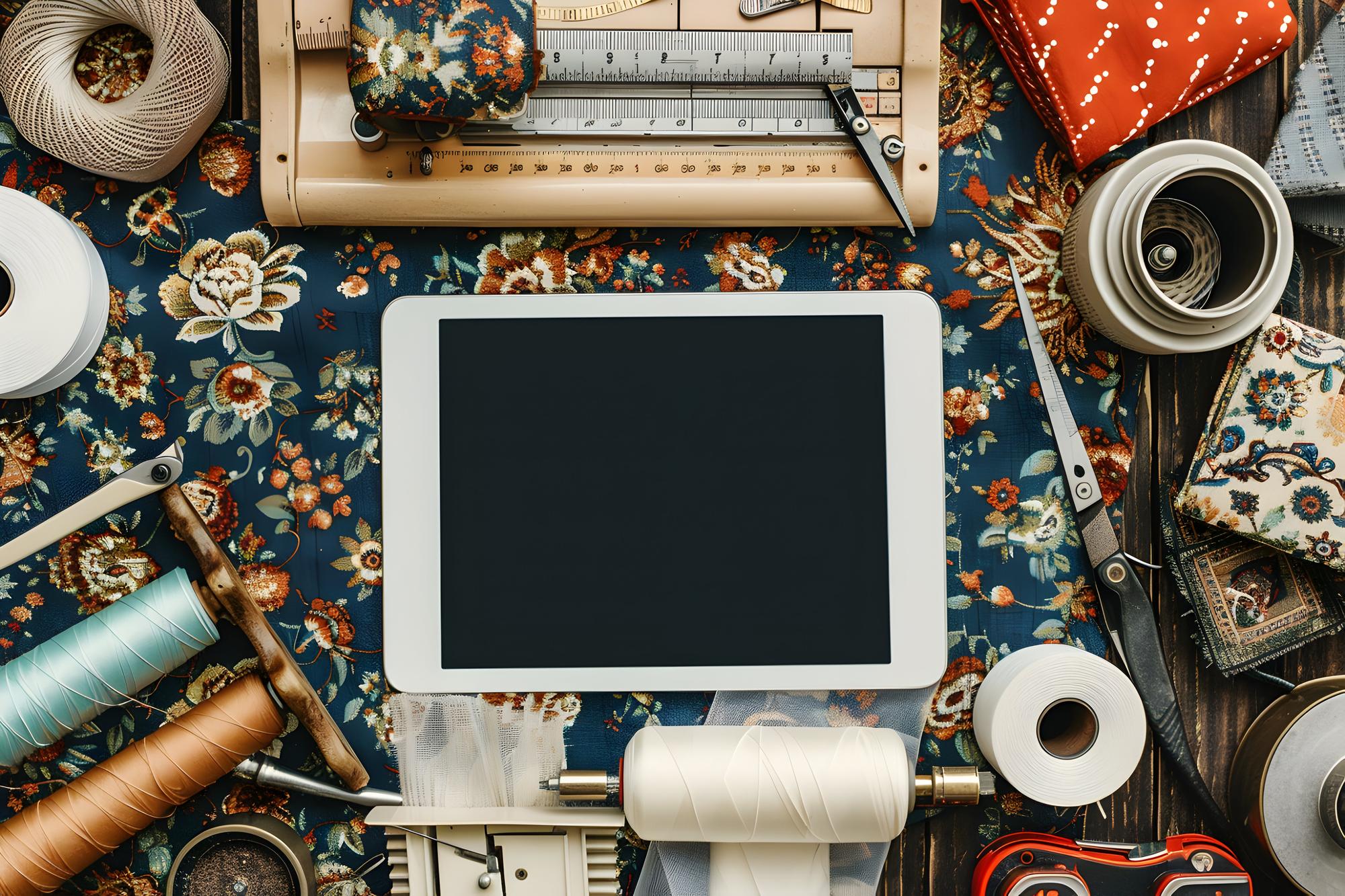studio workbench with thread spools and digitizing tablet